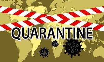 red quarantine tape isolated and corona virus in world map background vector