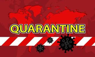 red quarantine tape isolated and virus in world map red background. vector