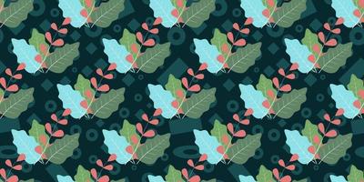 Seamless pattern of green leaves isolated on green memphis element. vector