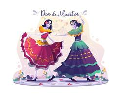 Dos bailarinas de calavera bailando en la ilustración de vector de dia de los