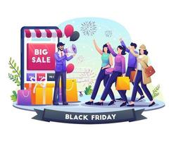 Businessman refers people to shop on Black Friday vector illustration