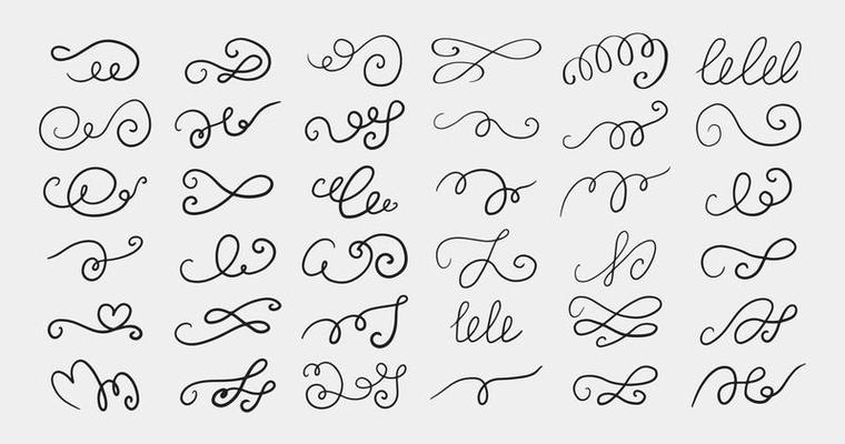 Set of different hand drawn flourish swirl ornate decoration elements
