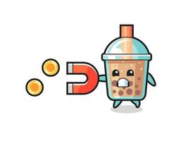 the character of bubble tea hold a magnet to catch the gold coins vector