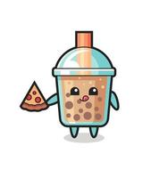 cute bubble tea cartoon eating pizza vector