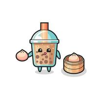 cute bubble tea character eating steamed buns vector