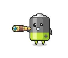 cute battery character is holding an old telescope vector