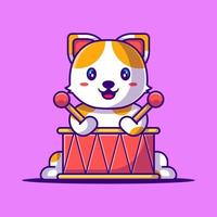 Cute Cat playing Drum Cartoon Vector Illustration.