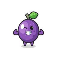 the muscular passion fruit character is posing showing his muscles vector