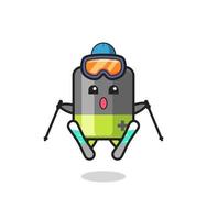Personaje de mascota de batería como jugador de esquí. vector
