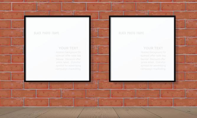 Blank photo frame or picture frame on red brick wall. Vector.