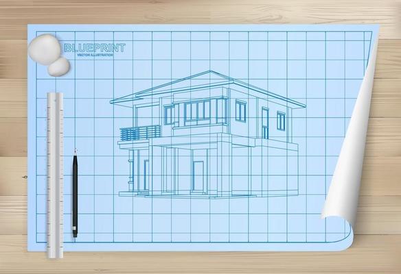 Idea of house on blueprint paper background. Vector.