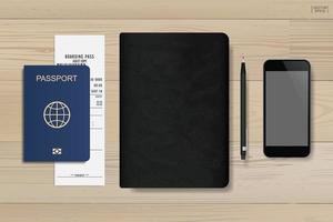 Background of notebook, passport and smartphone on wood. Vector. vector