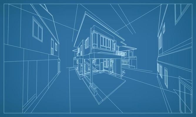 3D perspective render of building wireframe structure. Vector.