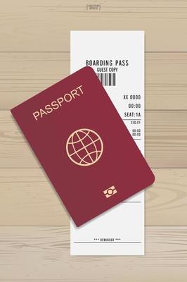 Passport and boarding pass ticket on wood background. Vector.