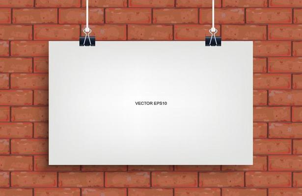 Empty white poster hanging on red brick wall. Vector.