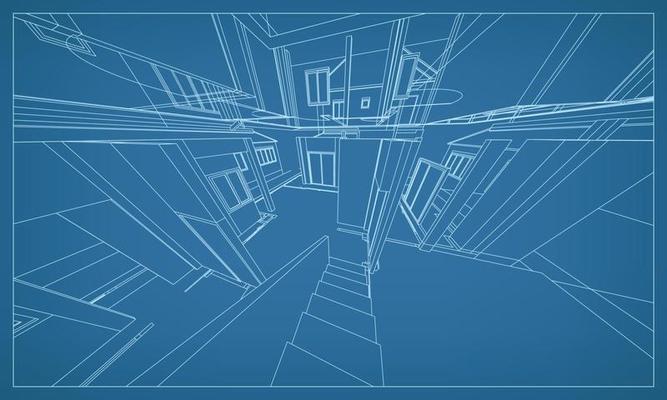 3D perspective render of building wireframe structure. Vector.