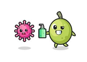 Ilustración de personaje de oliva persiguiendo virus maligno con desinfectante de manos vector