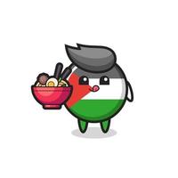 lindo personaje de la insignia de la bandera de palestina comiendo fideos vector