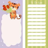 planificador, papel para notas, lista de tareas pendientes, decorado con un tigre lindo vector