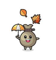 cartoon of the cute money sack holding an umbrella in autumn vector