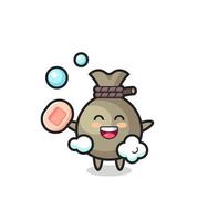 money sack character is bathing while holding soap vector