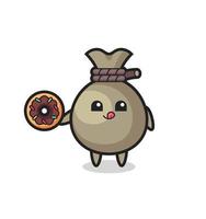 illustration of an money sack character eating a doughnut vector