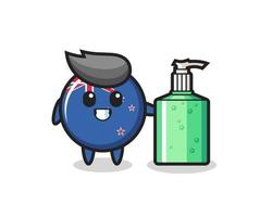 linda caricatura de la insignia de la bandera de nueva zelanda con desinfectante de manos vector