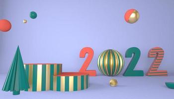 feliz año nuevo 2022. números 3d con formas geométricas y bola de navidad. Render 3D. foto