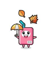 cartoon of the cute milk box holding an umbrella in autumn vector