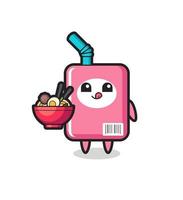 cute milk box character eating noodles vector