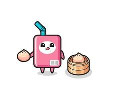 cute milk box character eating steamed buns vector