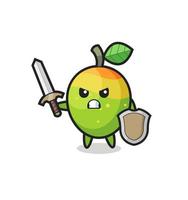 cute mango soldier fighting with sword and shield vector