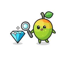 mango mascot is checking the authenticity of a diamond vector