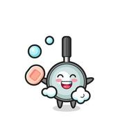 magnifying glass character is bathing while holding soap vector