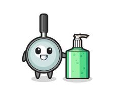 cute magnifying glass cartoon with hand sanitizer vector