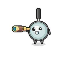 cute magnifying glass character is holding an old telescope vector