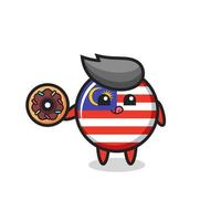 illustration of an malaysia flag badge character eating a doughnut vector