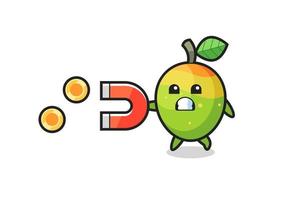 the character of mango hold a magnet to catch the gold coins vector