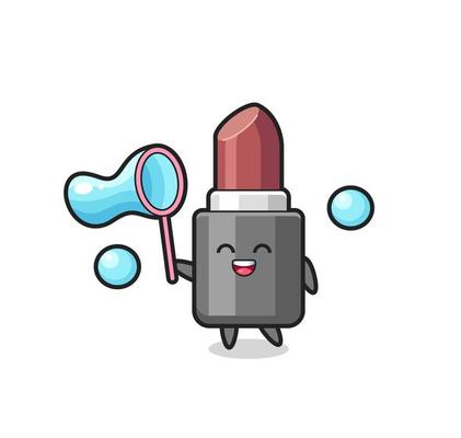 happy lipstick cartoon playing soap bubble