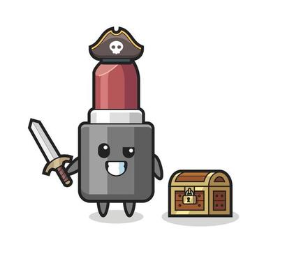 the lipstick pirate character holding sword beside a treasure box