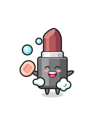 lipstick character is bathing while holding soap