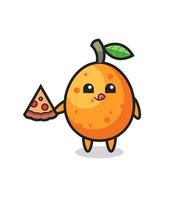 dibujos animados lindo kumquat comiendo pizza vector