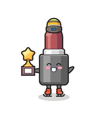 lipstick cartoon as an ice skating player hold winner trophy