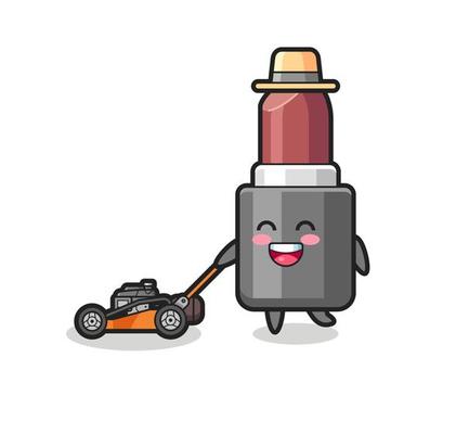 illustration of the lipstick character using lawn mower