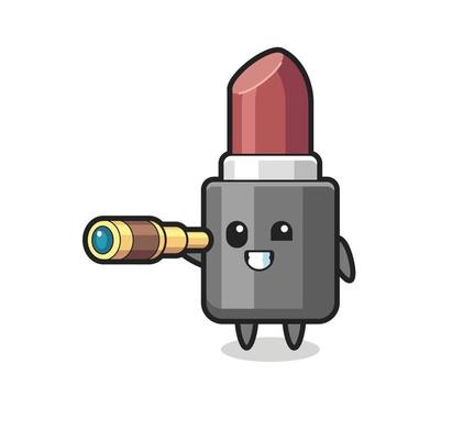 cute lipstick character is holding an old telescope