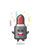 Feliz mascota de lápiz labial saltando de felicitación con confeti de colores vector