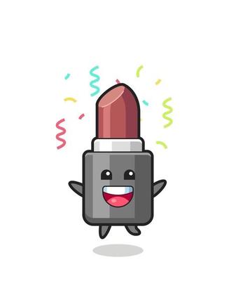 happy lipstick mascot jumping for congratulation with colour confetti