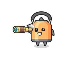 cute kettle character is holding an old telescope vector