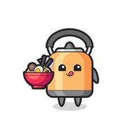 cute kettle character eating noodles vector