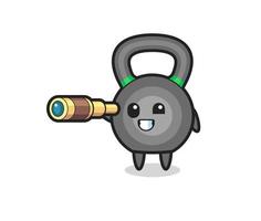 cute kettleball character is holding an old telescope vector